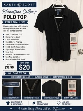 Karen Scott Black Rhinestone Collar Polo Top